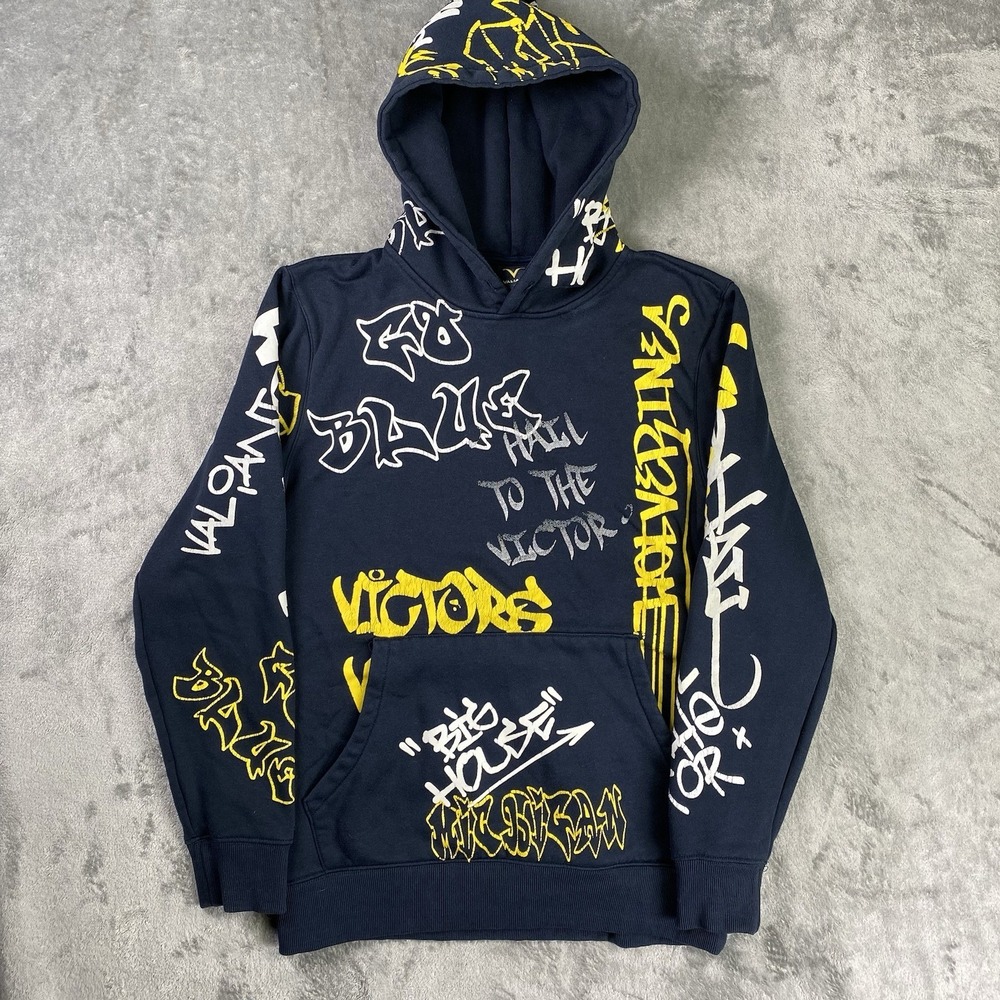 Valiant University of Michigan Hoodie Mens Small Blue Graffiti Print Wolverines